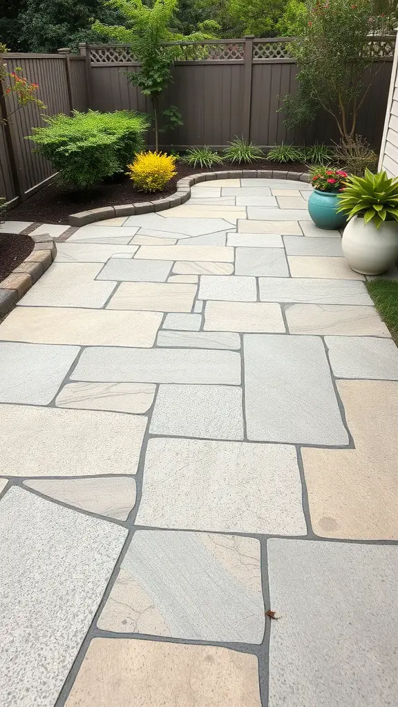 45 Creative Paint Ideas for Your Concrete Patio 11 A textured stone finish patio with large, irregular stone patterns surrounded by greenery and colorful plants.