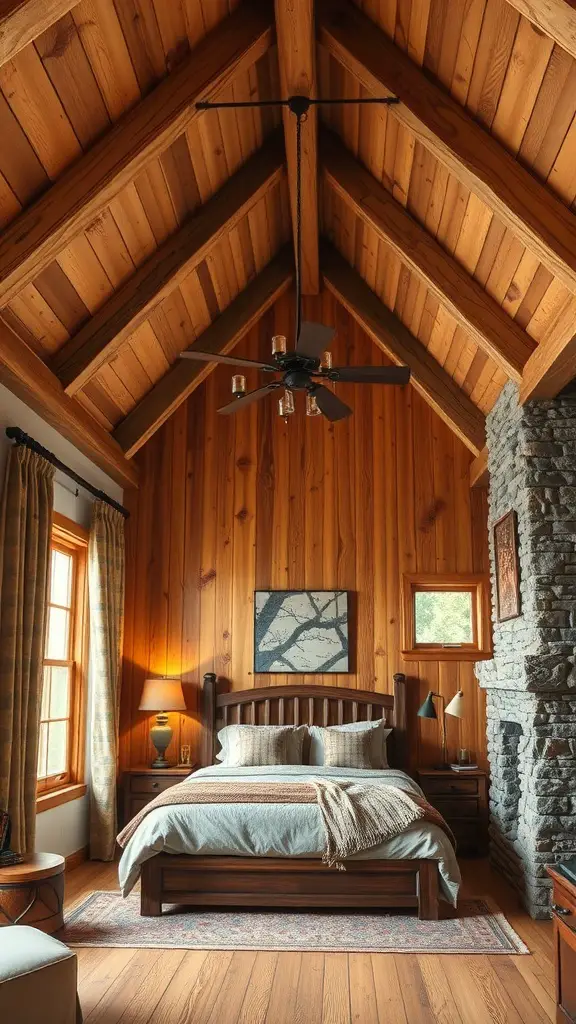 A cozy forest-themed bedroom with wooden walls, a stone fireplace, and soft bedding.