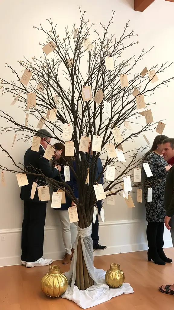 17 Creative Fall-Themed Baby Shower Ideas You’ll Love 16 A rustic Thankful Tree with tags for guests to write wishes, surrounded by golden pots.
