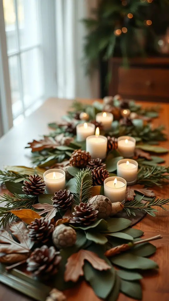 17 Stunning Fall Centerpieces for Your Dining Table 6 A Thanksgiving table runner featuring candles, pinecones, and leaves.