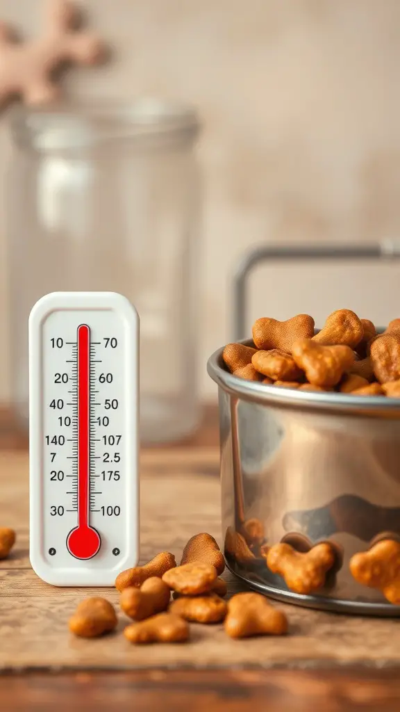 19+Essential Dog Food Storage Solutions You Need 4 A thermometer next to a container of dog treats, emphasizing temperature control in dog food storage.