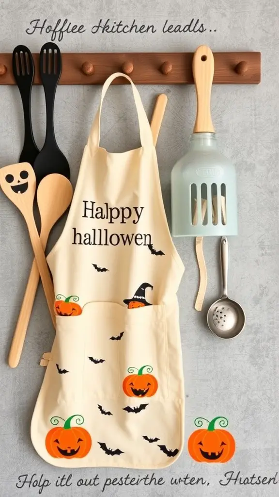 A Halloween-themed kitchen setup featuring a cheerful apron with pumpkins and bats, along with playful utensils.
