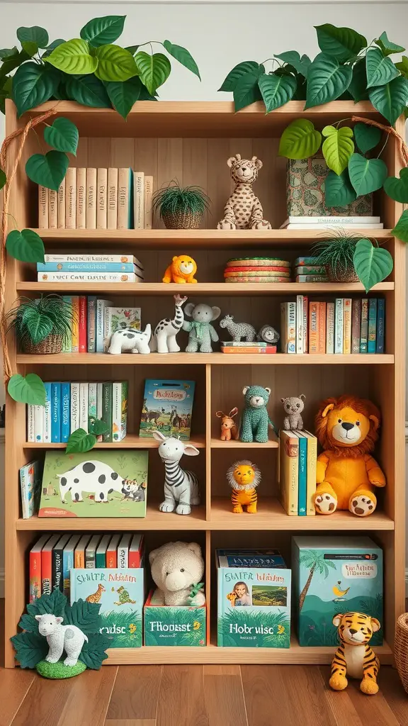 A themed bookcase filled with colorful books and plush toys, featuring plants and a playful arrangement.
