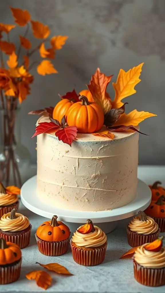 17 Creative Baby Shower Ideas for a September Celebration 15 A beautifully decorated cake with mini pumpkins and autumn leaves, surrounded by themed cupcakes.