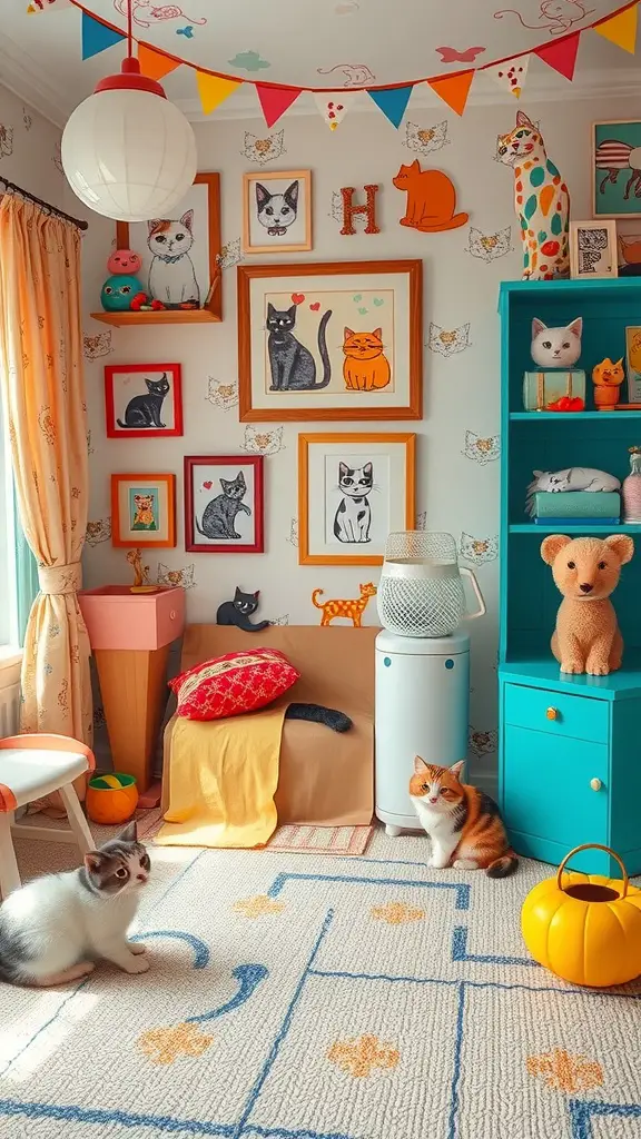 15 Creative Cat Room Ideas You’ll Love 9 A cozy room decorated with cat-themed art, colorful furniture, and two cats lounging on the floor.