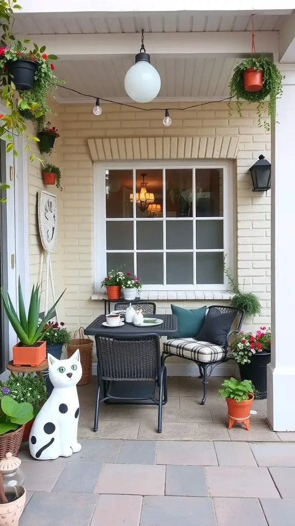 21 Creative Cat Friendly Patio Ideas for the Purrfect Outdoor Space 14 A cozy patio with cat-themed decor, featuring a cat statue, plants, and a small table with chairs.