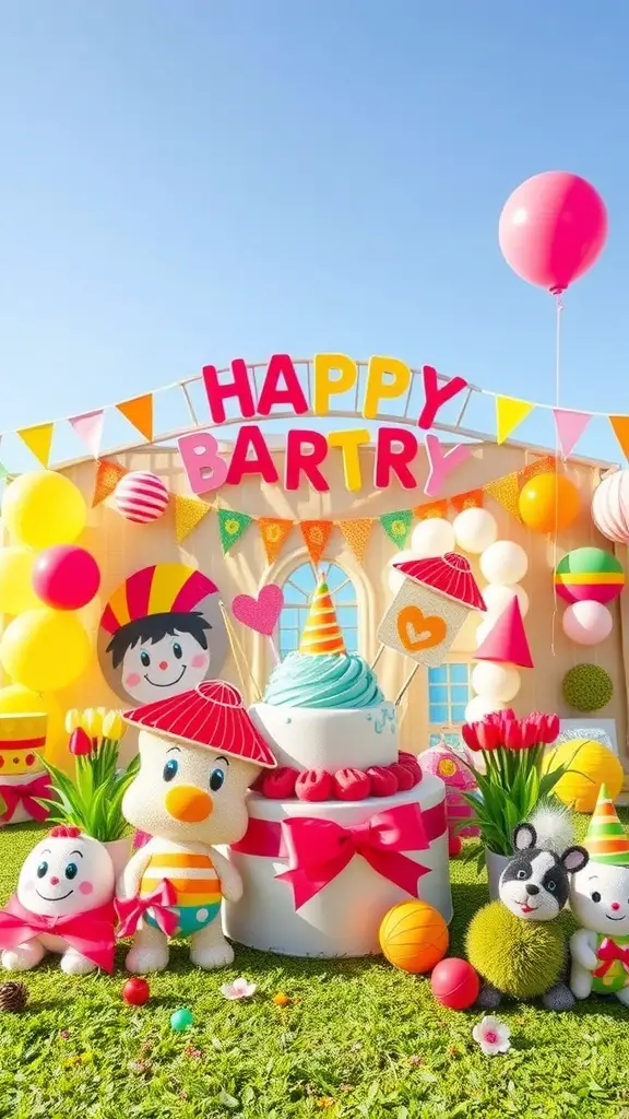 23 Stunning Dollar Tree Centerpieces You Can DIY 5 A colorful kids' party setup with a cake, balloons, and plush toys.