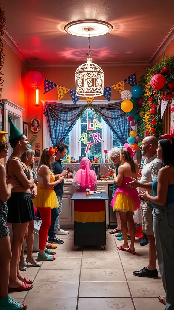 33 Fun and Creative House Party Ideas to Dazzle Your Guests 8 A lively themed costume party with guests in colorful outfits and festive decorations.