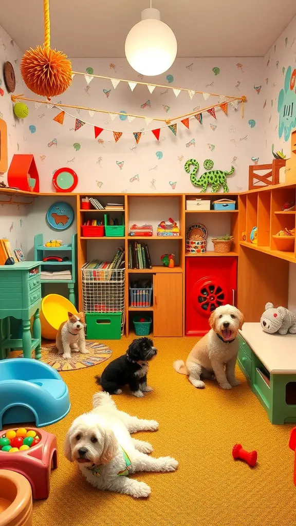 A colorful dog playroom with toys, cozy spots, and playful decorations.