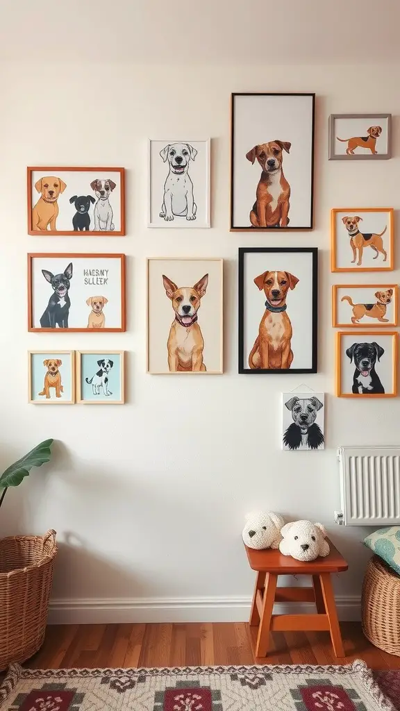 A wall decorated with various dog portraits in different frames, showcasing a variety of dog breeds.
