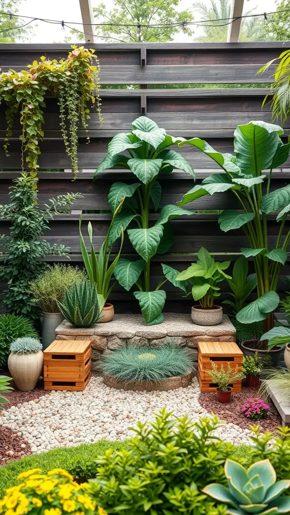 19 Enchanted Garden Ideas to Transform Your Outdoor Space 14 A serene garden space featuring a variety of plants, stone seating, and wooden crates.