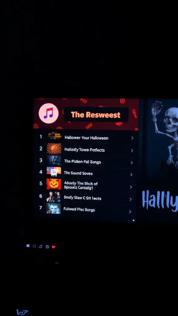 A screen displaying a Halloween-themed music playlist titled 'The Resweest' with various spooky song titles.
