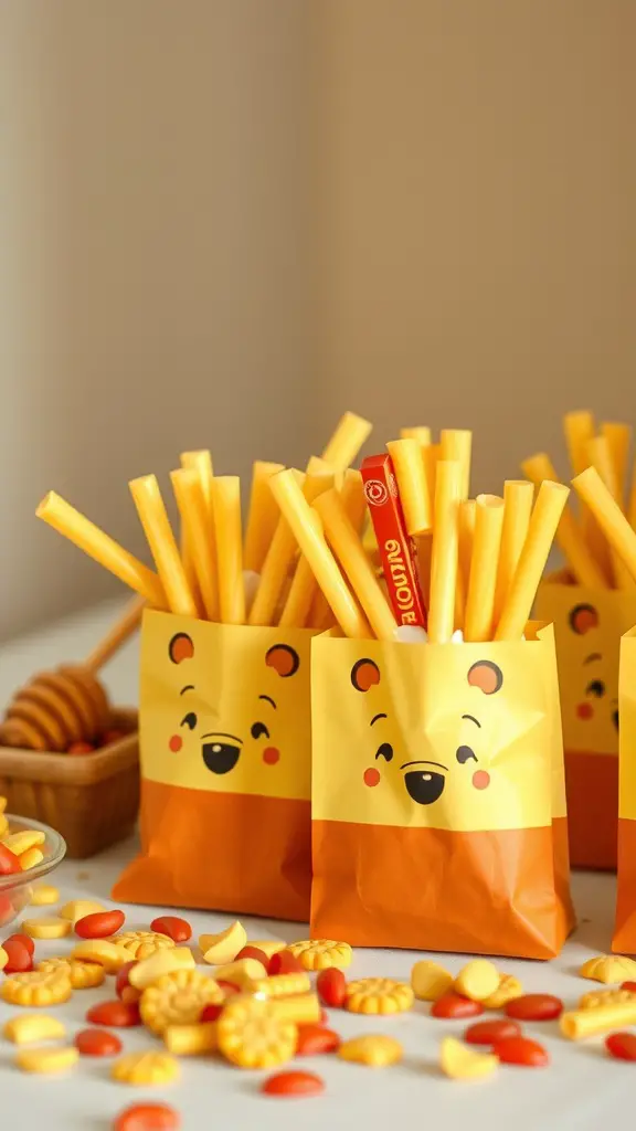19 Adorable Winnie the Pooh Baby Shower Decoration Ideas 17 Winnie the Pooh themed party favors with yellow bags filled with candy sticks and colorful treats.