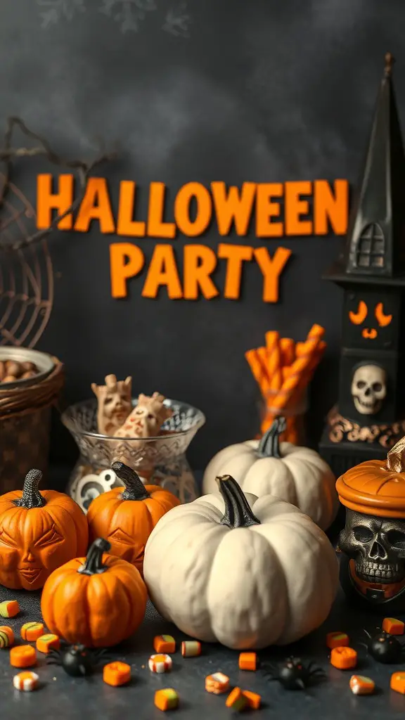 21 Spooktacular Halloween Party Ideas for a Frightfully Fun Celebration 13 A colorful Halloween party setup with pumpkins, candy corn, and spooky decorations.