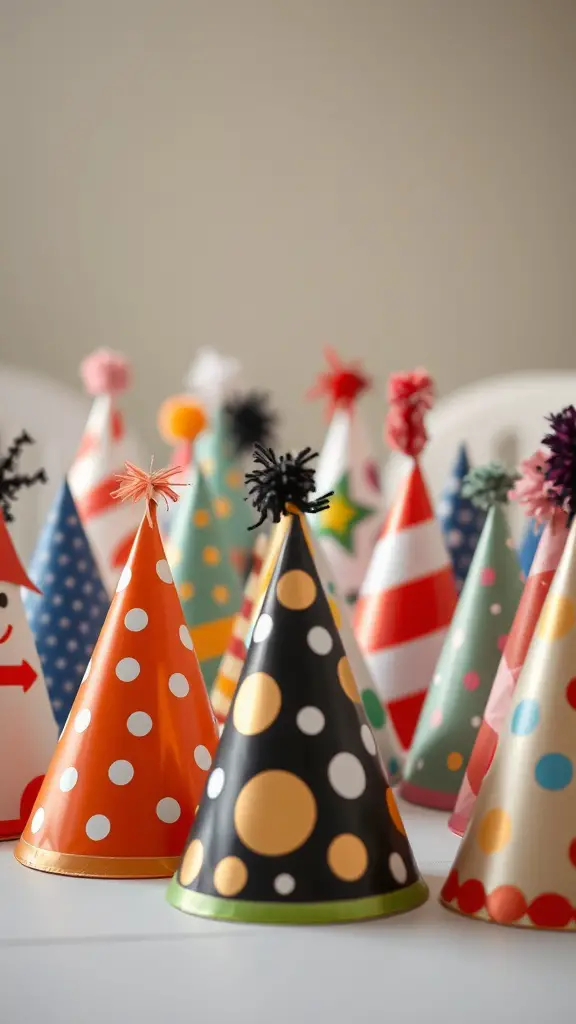 27+ Creative Birthday Decoration Ideas for an Unforgettable Celebration 11 Colorful themed party hats with various patterns and pom-poms on top.
