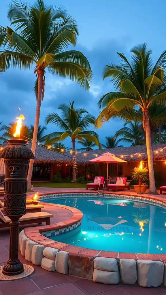 19 Inspiring Above Ground Pool Ideas for Your Backyard Oasis 9 A beautifully decorated poolside area with palm trees, tiki torches, colorful lounge chairs, and string lights.