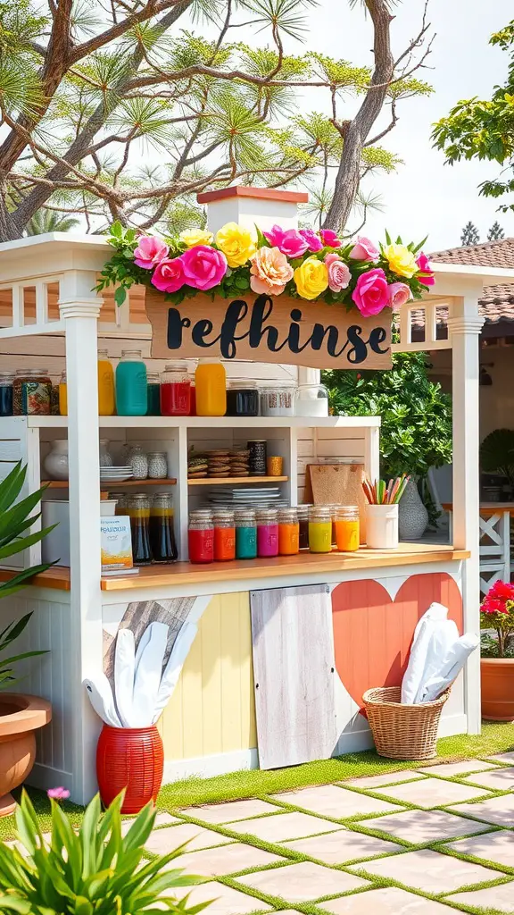 19 Whimsical Garden Party Ideas for Unforgettable Celebrations 18 A colorful refreshment station with drinks and flowers in a garden setting.