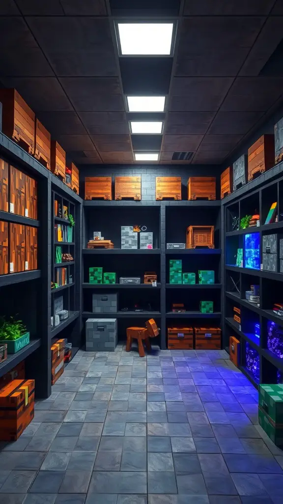 19 Creative Minecraft Storage Room Ideas You Need to Try 7 A themed Minecraft storage room with organized shelves and colorful boxes.