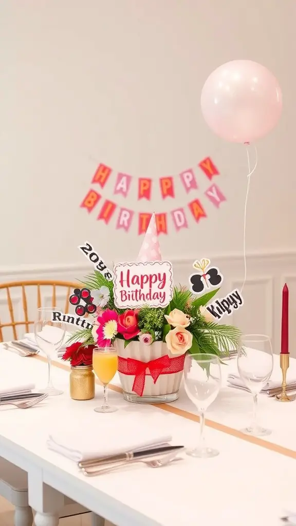 27+ Creative Birthday Decoration Ideas for an Unforgettable Celebration 5 A birthday table centerpiece with flowers, decorations, and a pink balloon.