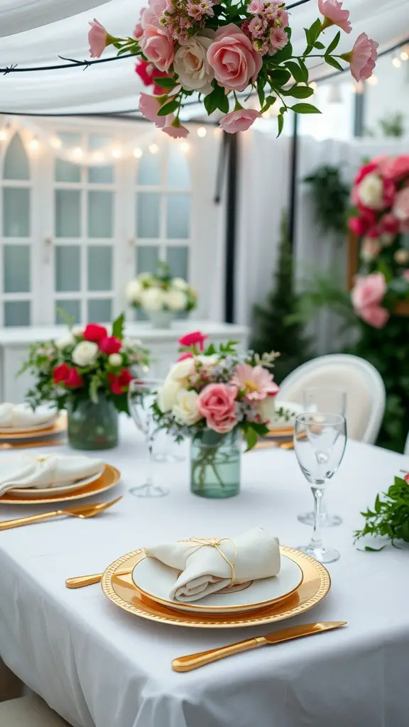 15 Must-Have Essentials for the Perfect Backyard Garden Party 6 A beautifully arranged table for a garden party with flowers, elegant tableware, and a white tablecloth.