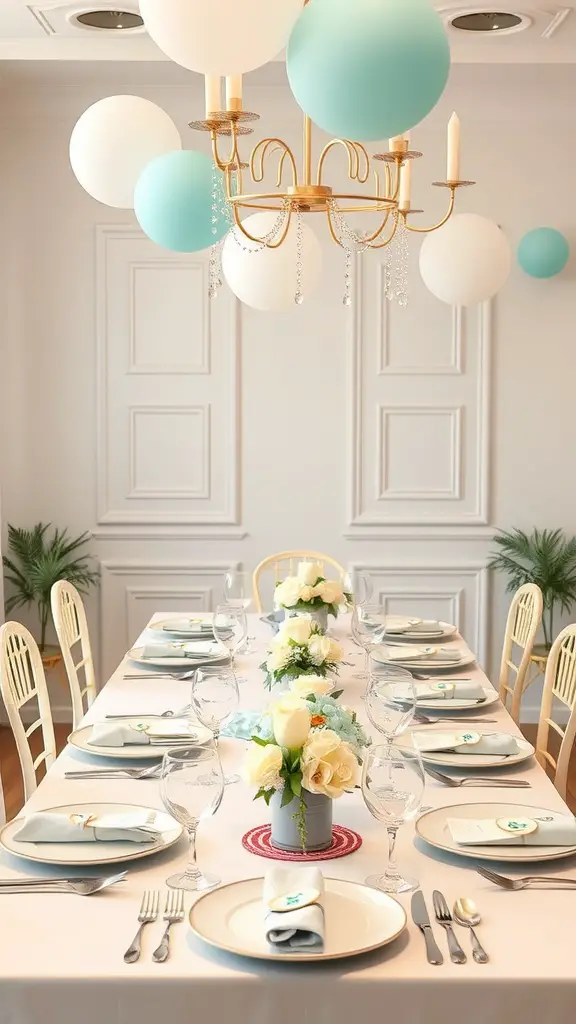 17 Creative Dollar Tree Baby Shower Ideas on a Budget 10 A beautifully set table for a baby shower featuring soft colors, flowers, and balloons.
