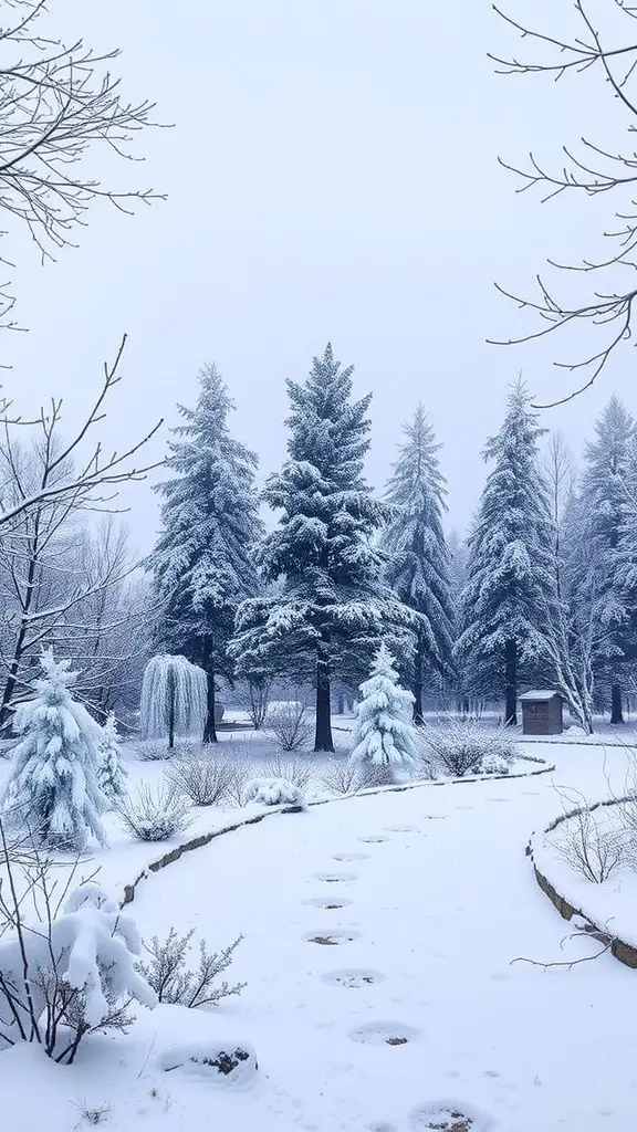 A snowy landscape with tall evergreen trees and a winding path.