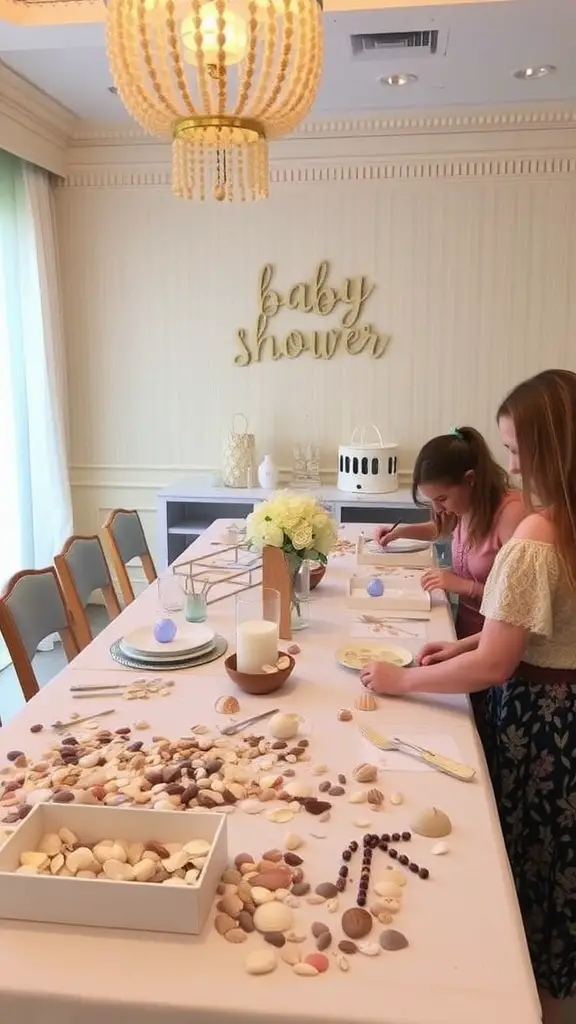21 Coastal Baby Shower Theme Ideas You’ll Love 17 Tide Pool Craft Station with seashells and guests crafting at a baby shower