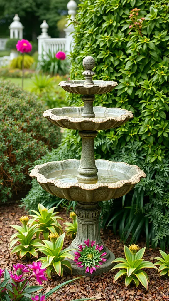21 Creative Bird Bath Ideas for Stunning Landscaping 7 A tiered bird bath surrounded by colorful flowers and greenery in a garden.