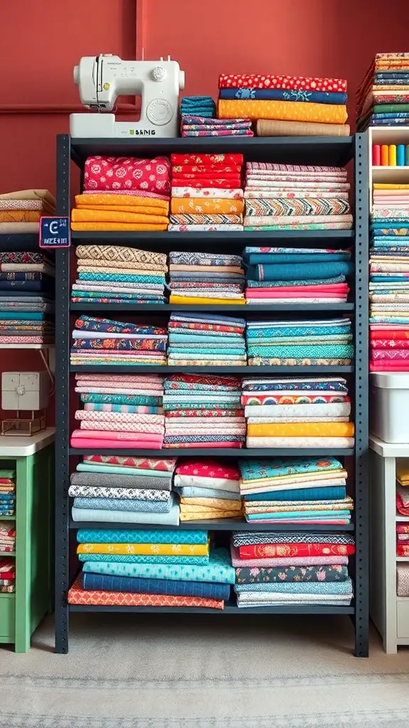 21 Creative Fabric Storage Solutions You Need to Try 5 Colorful fabric rolls neatly arranged on a tiered shelving unit with a sewing machine on top.