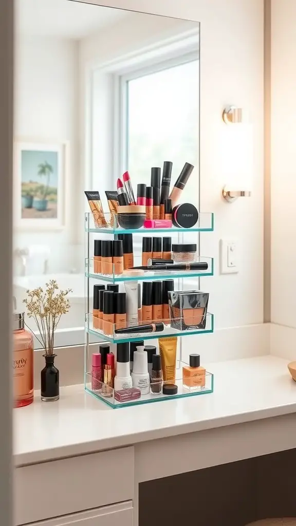 19+Creative Makeup Storage Ideas You Need to Try 9 A tiered makeup stand displaying various makeup products on a bathroom counter.