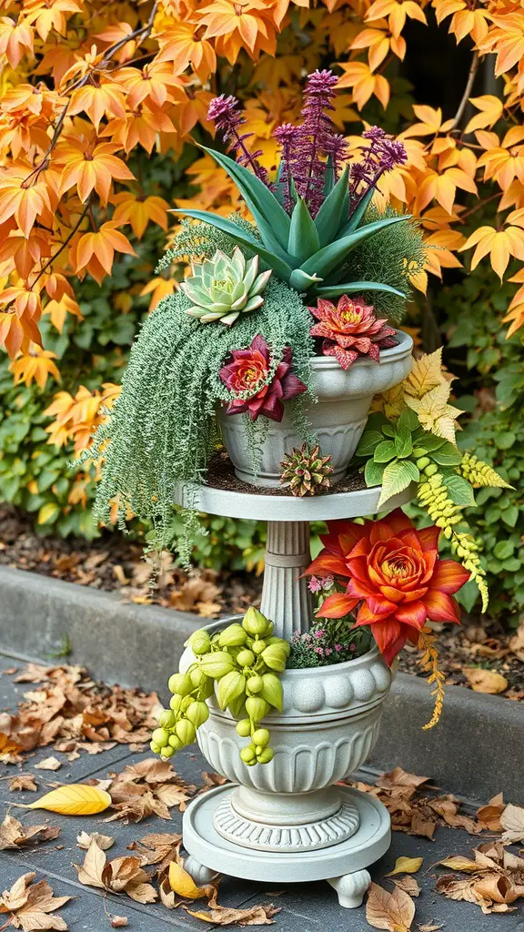 21 Gorgeous Fall Planters to Brighten Your Garden 15 A tiered planter stand with colorful succulents and flowers, set against a backdrop of autumn leaves.