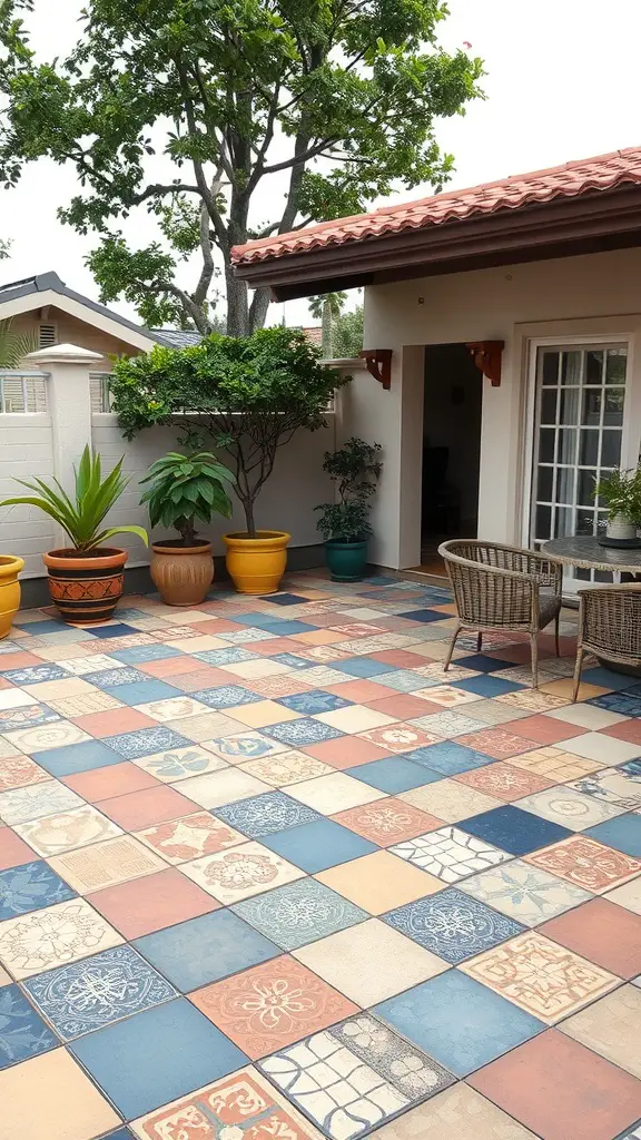 27 Affordable Patio Floor Ideas That Transform Your Outdoor Space 9 A colorful tiled patio with various patterns, surrounded by potted plants.