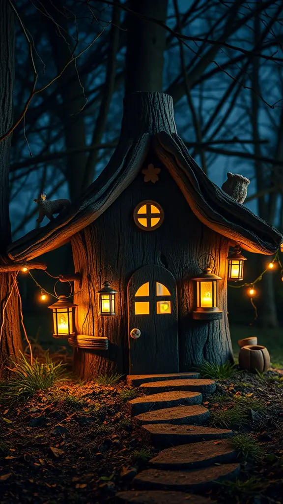 A cozy tree stump fairy house with tiny lanterns and twinkling lights, set in a dark forest.