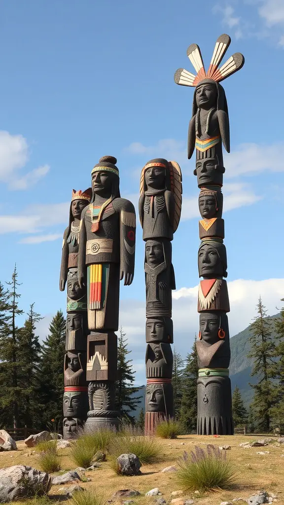 19 Stunning Garden Totems to Elevate Your Outdoor Space 16 A collection of Native American totem poles with intricate carvings, set against a blue sky and surrounded by trees.