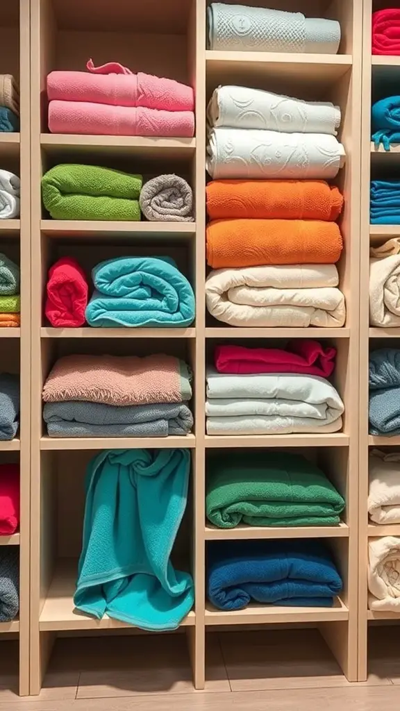 A neatly organized towel cubby storage with colorful towels stacked and rolled in a wooden shelf.
