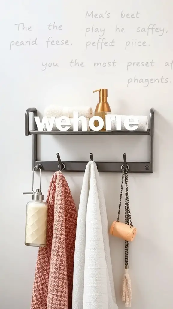 A stylish towel rack with hooks, featuring rolled towels on a shelf and two towels hanging below.