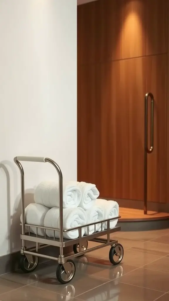 A stylish towel roll-up cart with neatly rolled white towels, positioned near a wooden wall.