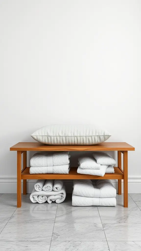 A wooden towel storage bench with neatly stacked white towels and a patterned cushion on top.