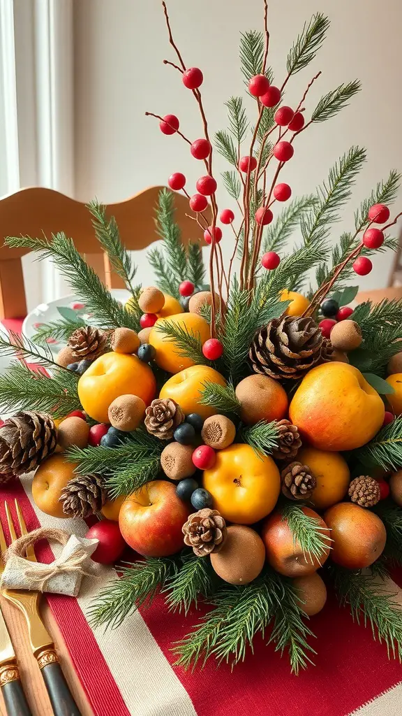 A festive Christmas centerpiece featuring fruits, pinecones, and greenery.