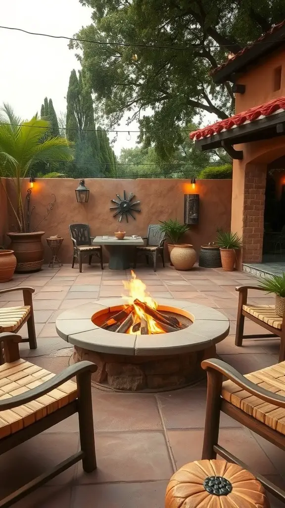 17 Inspiring Mexican Patio Ideas for Your Outdoor Space 4 A cozy traditional fire pit surrounded by seating on a Mexican patio.