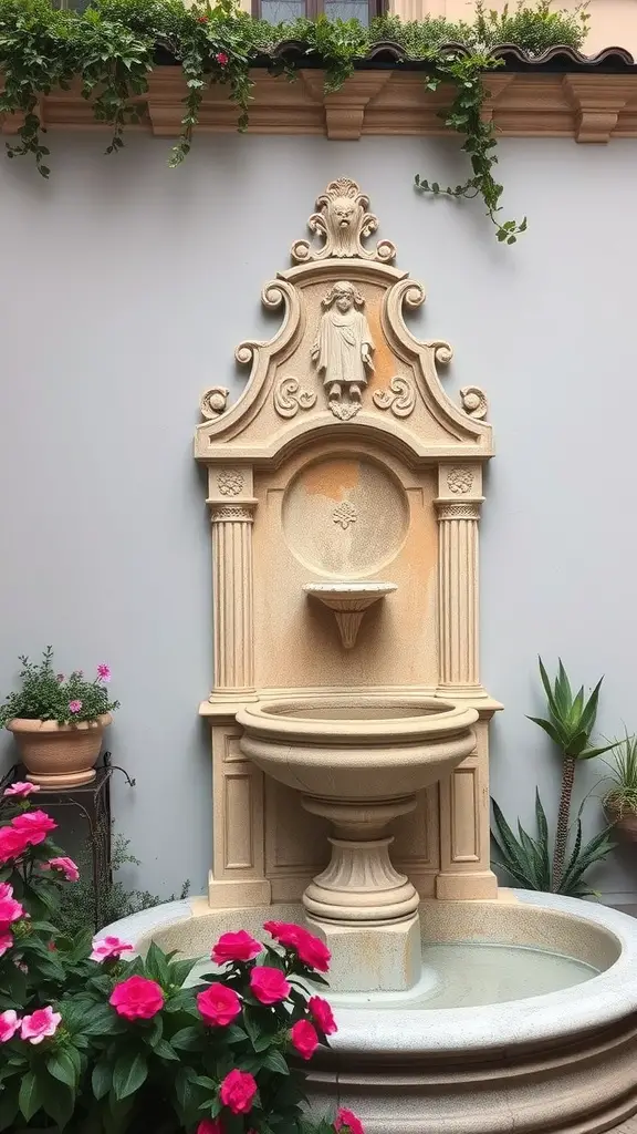 A traditional Italian wall fountain with intricate carvings, featuring a statue and surrounded by pink flowers.