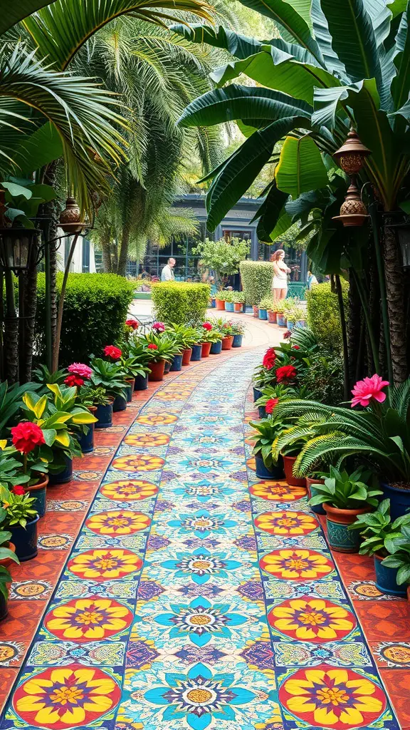 23 Vibrant Mexican Garden Ideas to Transform Your Outdoor Space 11 Colorful traditional Mexican tile pathway surrounded by lush plants and flowers.