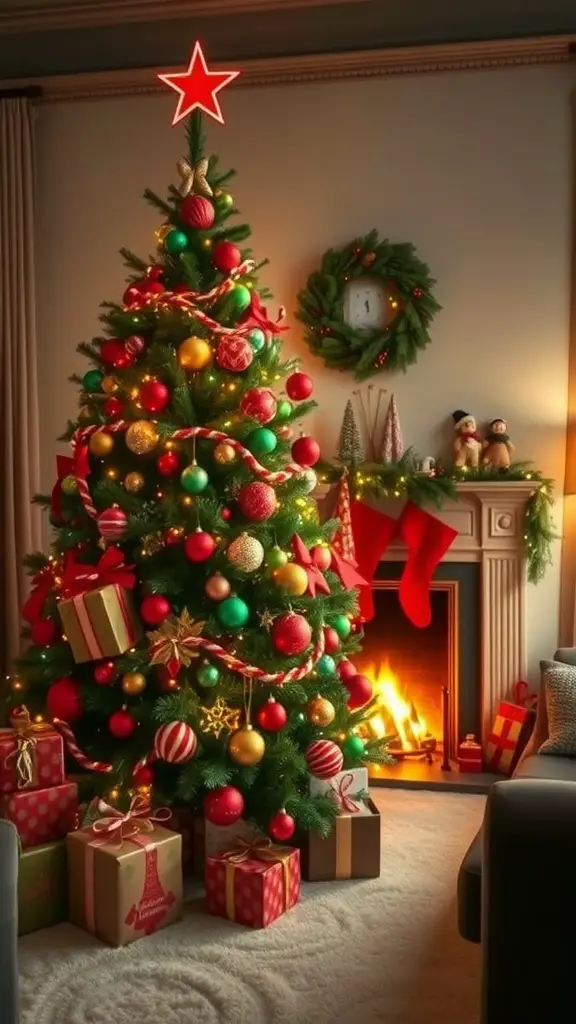 21 Creative Christmas Tree Ideas for a Cozy Fall Celebration 11 A beautifully decorated Christmas tree in red and green with a star on top, surrounded by gifts and a cozy fireplace.