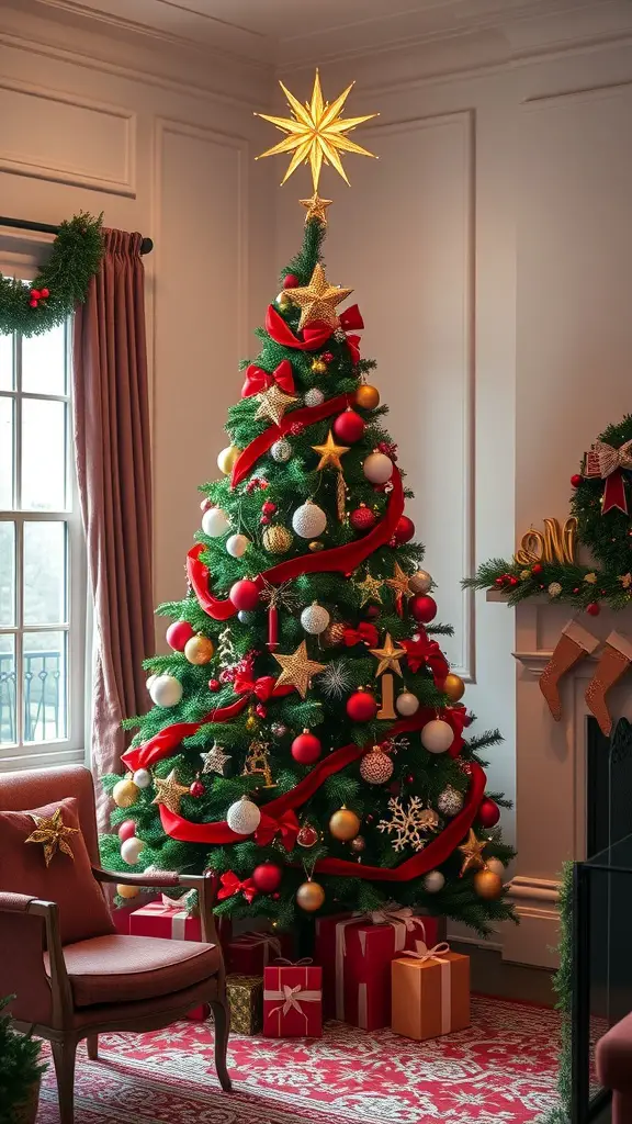19 Unique Christmas Tree Ideas to Brighten Your Holidays 14 A beautifully decorated Christmas tree with red ribbons, green ornaments, and a golden star on top, surrounded by wrapped gifts.