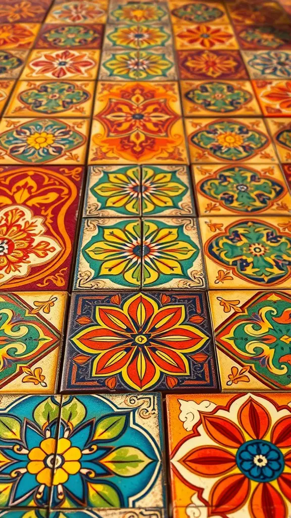 21 Stunning Mexican Patio Hacienda Style Ideas for Your Outdoor Space 6 Colorful traditional Mexican tiles with intricate designs on a patio floor