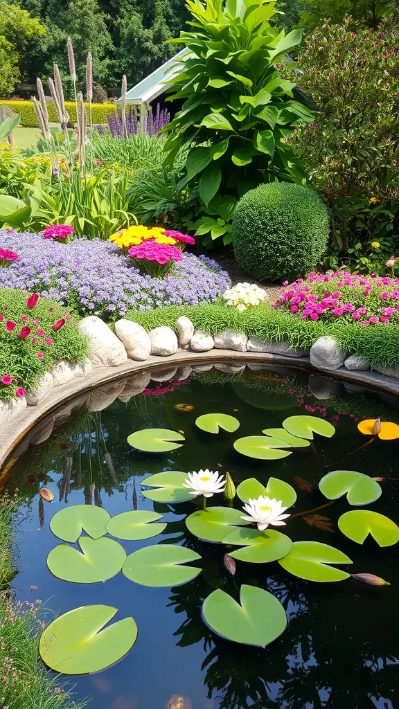 A serene garden pond with water lilies and colorful flowers surrounding it.