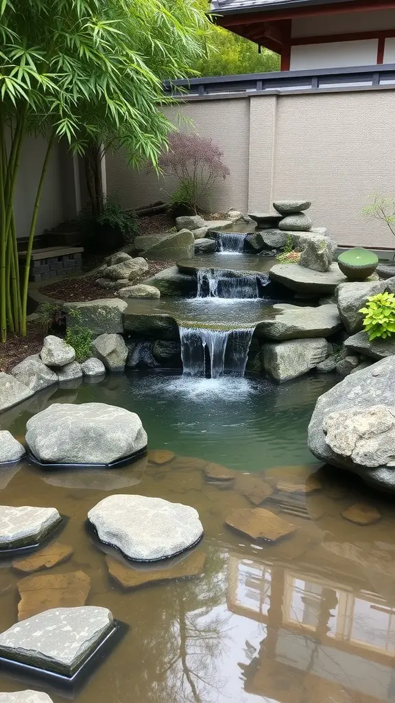 A serene Japanese Zen garden pond with a small waterfall surrounded by rocks and greenery.