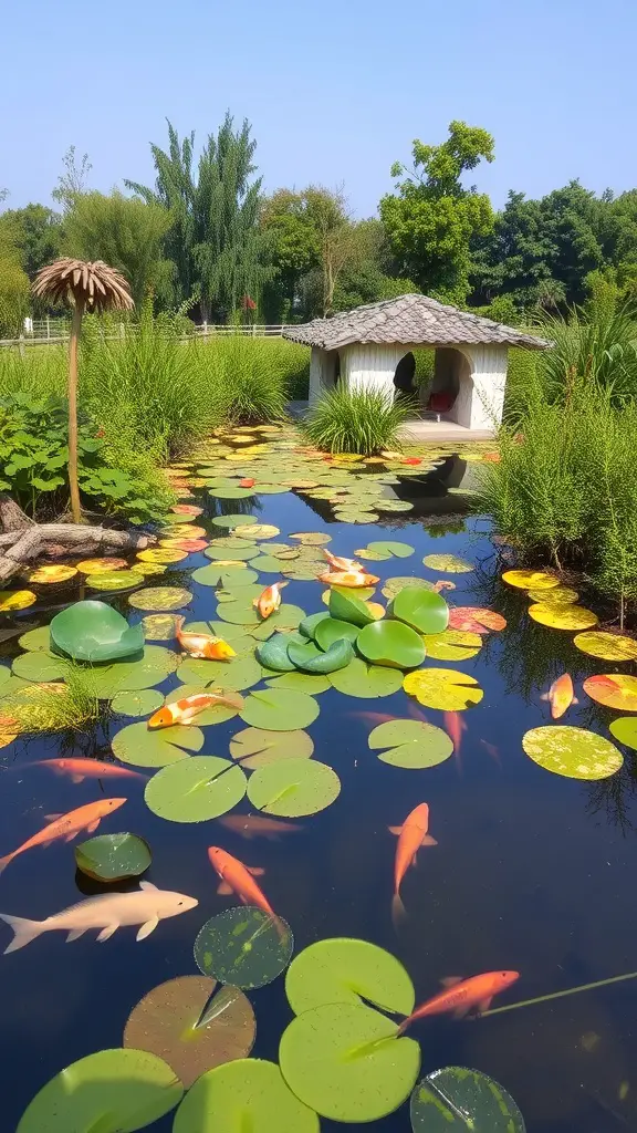 15 Stunning French Garden Ideas to Transform Your Outdoor Space 12 A tranquil water garden with lily pads and koi fish, surrounded by greenery and a gazebo.