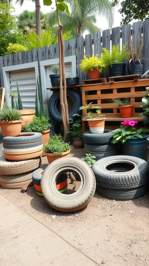 15 Creative Junk Garden Ideas to Transform Your Backyard 9 A garden featuring creatively arranged old tires used as planters, surrounded by various plants and pots.