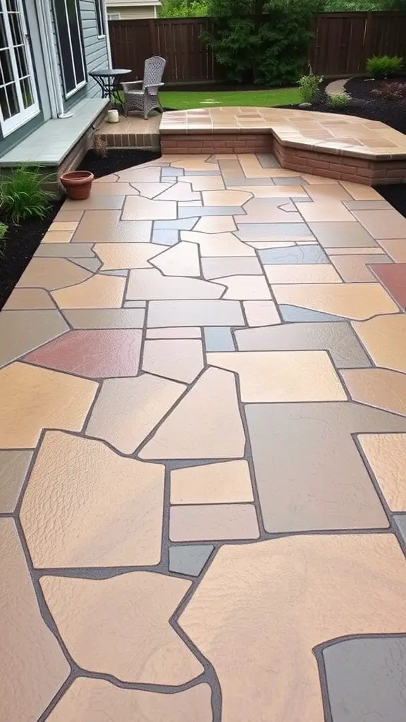 19+ Stunning Concrete Patio Makeover Ideas You’ll Love 2 A stamped concrete patio with a stone-like pattern in warm colors.